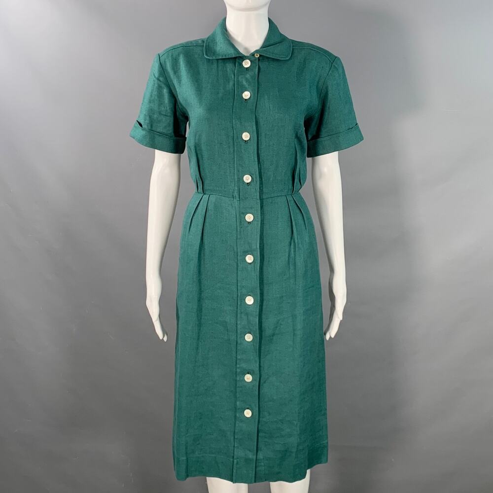 YVES SAINT LAURENT Vintage Size 6 Green Linen Button Up Pleated Shirt Dress